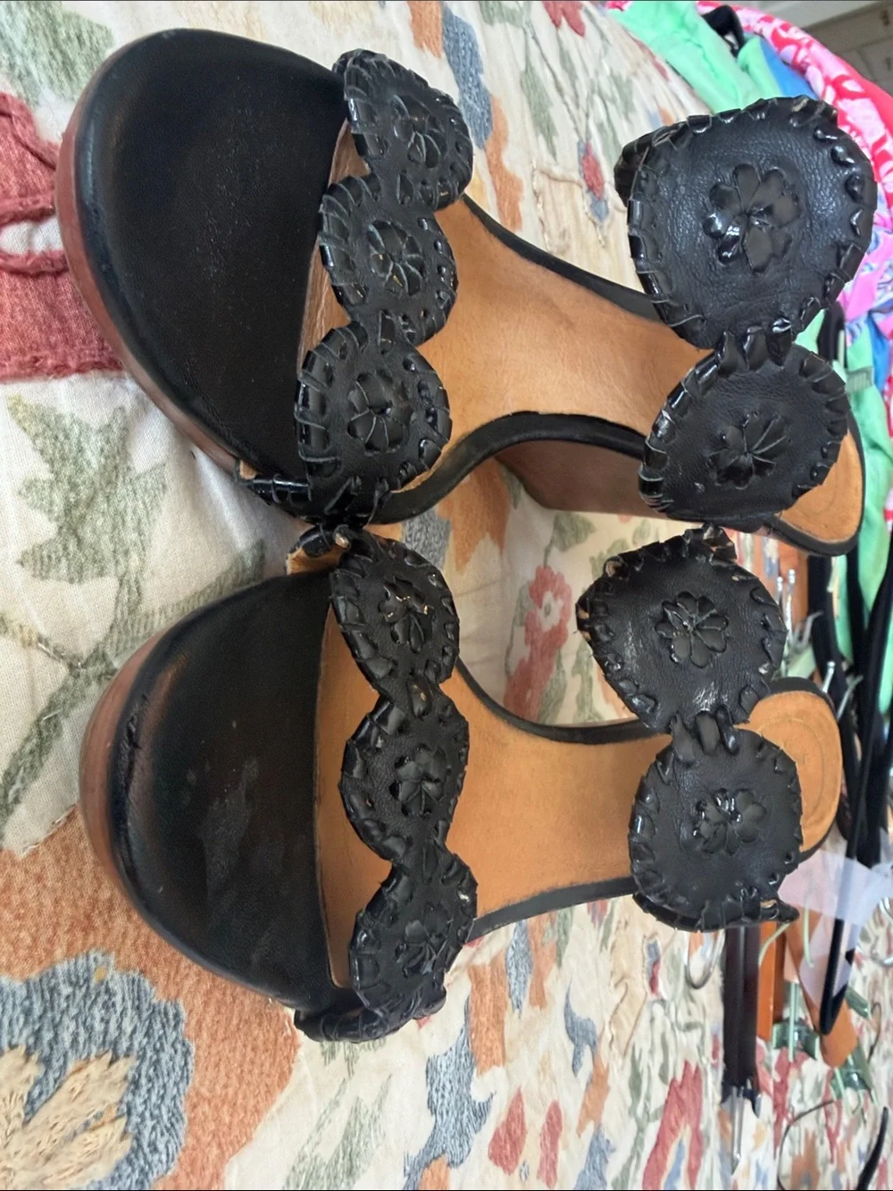 Jack Rogers Black Leather Scallop-Trim Slide Sandals